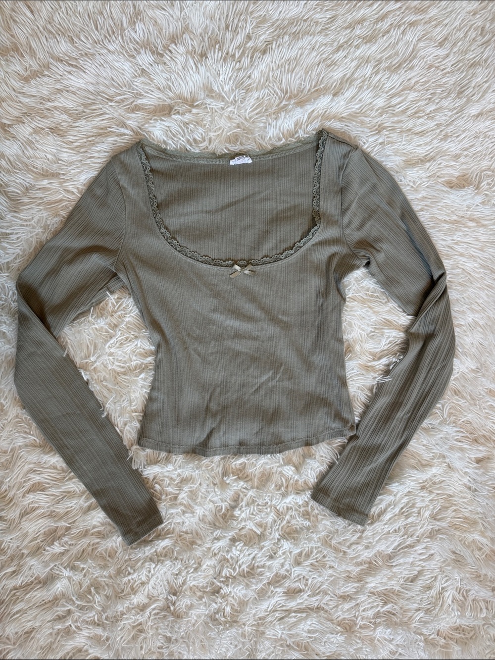 Garage Olive Ribbed Long Sleeve Scoop Neck Top with Lace Trim